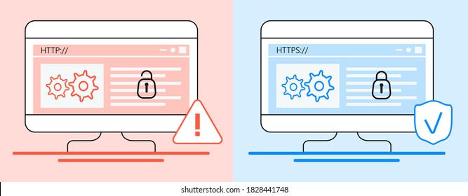 HTTP and HTTPS protocols difference concept vector. Cyber safe, security for website, app are shown. Lock is opened and closed on screenshots illustration in flat style.