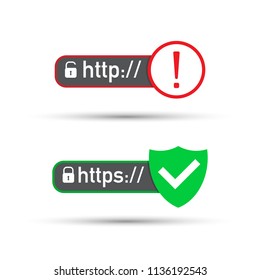 http and https protocols on shield, on white background. Vector stock illustration.