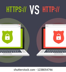 http and https protocols on shield on laptop, on white background. Vector stock illustration