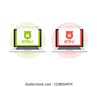 http and https protocols on shield on laptop, on white background. Vector stock illustration