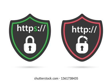 http and https protocols on shield. Safe and Secure https. Secured ssl shield and padlock symbols.