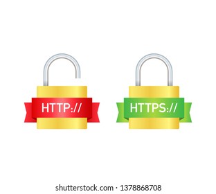 http and https protocols on shield, on white background. Vector stock illustration