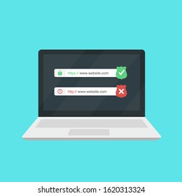 http and https protocols on shield on laptop screen. Secured vs not secured. Flat vector stock illustration.