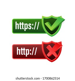 http and https protocols on shield, on white background. Vector stock illustration.