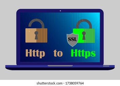 http and https protocols on shield. Safe and Secure https. Secured ssl shield and padlock symbols. http and https protocols on shield on laptop screen. 