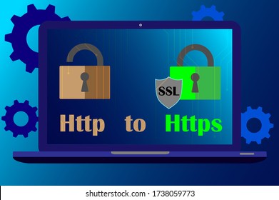 http and https protocols on shield. Safe and Secure https. Secured ssl shield and padlock symbols. http and https protocols on shield on laptop screen. 
