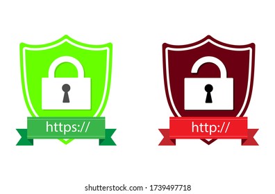 http and https protocols on shield. Safe and Secure https. Secured ssl shield and padlock symbols.
