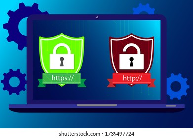 http and https protocols on shield. Safe and Secure https. Secured ssl shield and padlock symbols. http and https protocols on shield on laptop screen. 