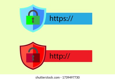 http and https protocols on shield. Safe and Secure https. Secured ssl shield and padlock symbols.