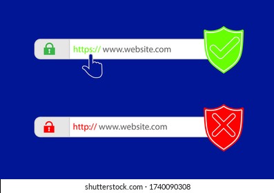 http and https protocols on shield. Safe and Secure https. Secured ssl shield and padlock symbols. http and https protocols on shield on laptop screen.