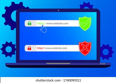 http and https protocols on shield. Safe and Secure https. Secured ssl shield and padlock symbols. http and https protocols on shield on laptop screen.