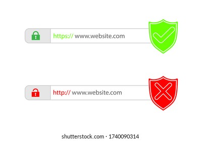 http and https protocols on shield. Safe and Secure https. Secured ssl shield and padlock symbols. http and https protocols on shield on laptop screen.