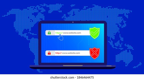 http and https protocols on shield. Safe and Secure https. Secured ssl shield and padlock symbols. http and https protocols on shield on laptop screen. 