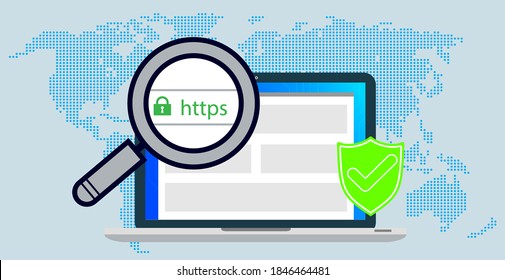 http and https protocols on shield. Safe and Secure https. Secured ssl shield and padlock symbols. http and https protocols on shield on laptop screen. 