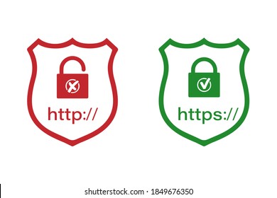 Http and https protocols on the shield with a lock. Safe and reliable browsing . Vector illustrations.