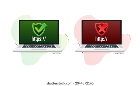 Http and https protocols on shield on laptop, on white background. Vector illustration.