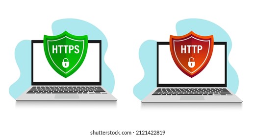 http and https protocols on shield on laptop, on white background. Vector illustration.