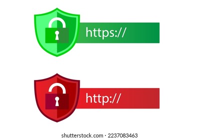 HTTP and HTTPS protocols on shield. Safe and secure, HTTPS. Secured SSL shield and padlock symbols.	
