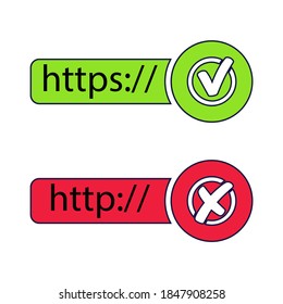 The HTTP and HTTPS protocols. Safe and reliable web browsing. Vector illustrations.
