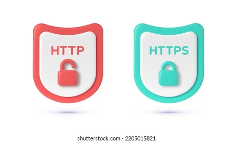 Protocolos HTTP y HTTPS. Navegación segura de ondas. Tecnología de internet de seguridad, seguridad de datos. Icono de seguridad 3d. Ilustración de diseño del vector