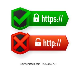 HTTP and HTTPS protocols, safe web surfing and data encryption. Browser Address Showing Secure and Insecure Web Addresses. Vector illustration.