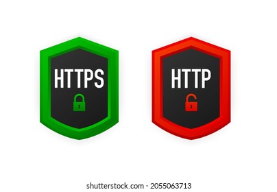 HTTP And HTTPS Protocols, Safe Web Surfing And Data Encryption. Browser Address Showing Secure And Insecure Web Addresses. Vector Illustration.