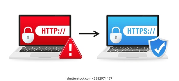 HTTP and HTTPS protocols, safe web surfing and data encryption. Http and https protocols on shield on laptop, on white background. Vector illustration