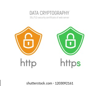Http and https security certificates in shields vector illustration on white background. Web browser protocols isolated icons