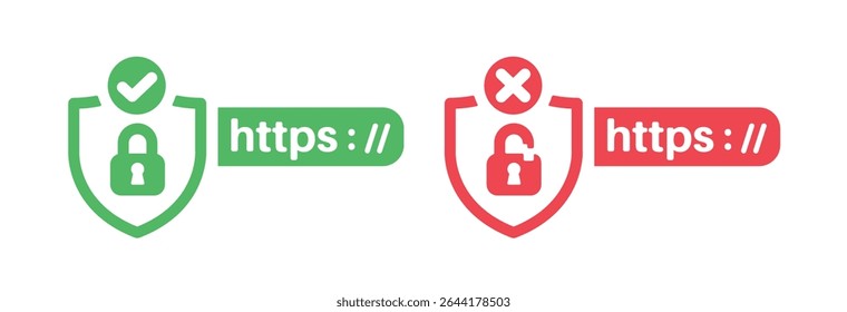 Certificado de segurança http e http em fundo branco em forma de escudo Protocolos Web seguros e não seguros. Conexão segura.