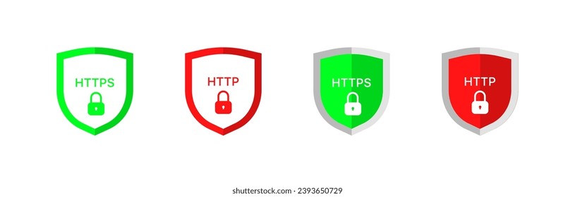 HTTP shields. Flat, color, HTTP and HTTPS protection. Vector icons