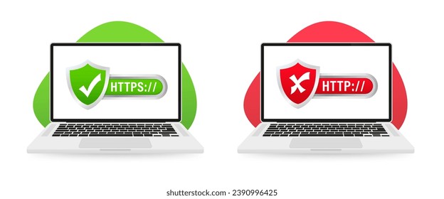 Http vs Https protocols. Protocols, safe web surfing and data encryption on the laptop screen. Understanding the Importance of Secure Web Connections. Vector illustration