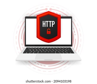 HTTPS and HTTP protocols, safe web surfing and data encryption. Computer banner Vector illustration.