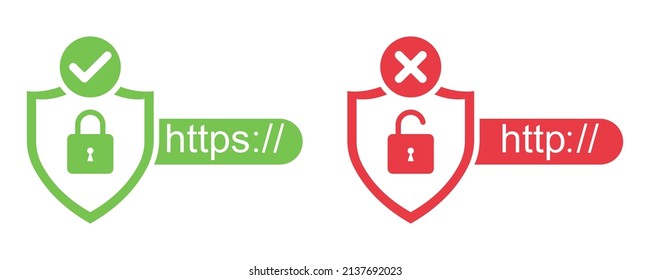 Https and http security certificates on white background. Secure and insecure web protocols. Safety connection.