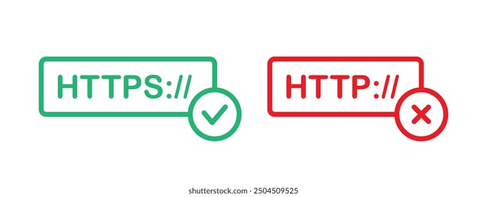 HTTPS and HTTP website connection safety status icon. Red and green web URL bar with check and cross mark. Browser network security vector illustration. Cyberspace insecure address server isolated