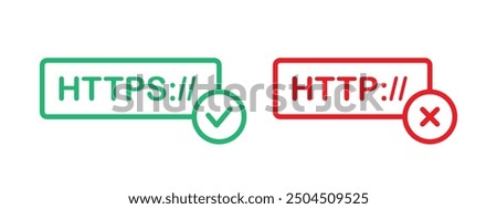 HTTPS and HTTP website connection safety status icon. Red and green web URL bar with check and cross mark. Browser network security vector illustration. Cyberspace insecure address server isolated