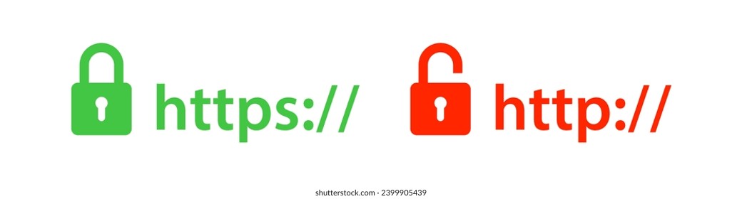 Https and http website protect icon. Ssl safe symbol. Padlock signs. Safety internet site icons. Browser domain. Vector illustration.