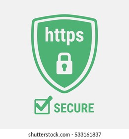 HTTPS Protocol. Safe and Secure Web sites on the Internet. SSL certificate for the site. Advantage TLS. Closed padlock on a green shield. Material Design icon. Vector illustration.