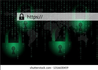 HTTPS secure internet connection in browser address bar for staying safe on the web with green binary code background.