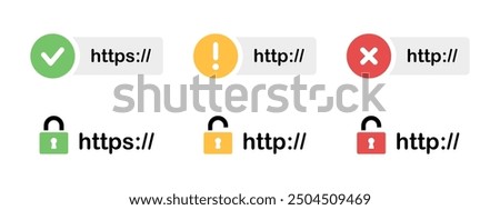 HTTPS website URL security icon set. Network protection and privacy symbol. Domain security vector illustration. SSL certificate pictogram. Insecure web browser encryption sign. Server safety concept.