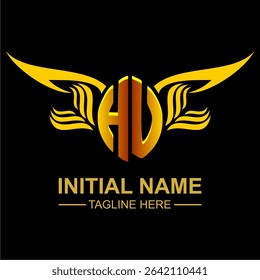 HU Golden Wing Emblem Logo with elegant gold wings, sleek and modern design. Ideal for branding, creative projects, luxury businesses, or artistic ventures.
