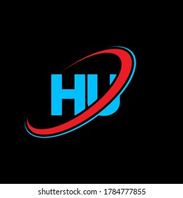 Diseño del logotipo de la letra H U de HU. Letra inicial del logotipo del monograma superior del círculo HU enlazado en mayúsculas rojo y azul. Logo de HU, diseño de H U. hu, h u