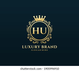 HU Initial Letter Gold calligraphic feminine floral hand drawn heraldic monogram antique vintage style luxury logo design.