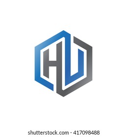 HU initial letters looping linked hexagon logo black gray blue