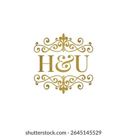 HU initials logo ornament gold. Letter HU wedding ampersand or business partner symbol