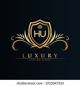 HU Letter Initial with Royal Template.elegant with crown logo vector, Creative Lettering Logo Vector Illustration.