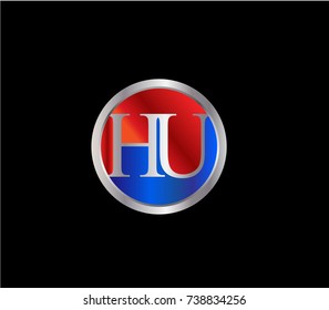 HU Letter logo Design in a circle. Blue and silver colored