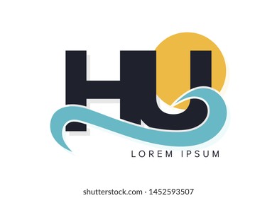 HU letter logo with ocean waves and sunset. Beach concept design