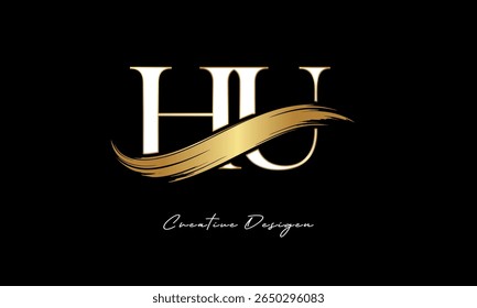 HU Letter Monogram Logo – Elegant Gold Brush Stroke Letter mark for Luxury Branding, Fashion, Boutique  Premium Identity Design
