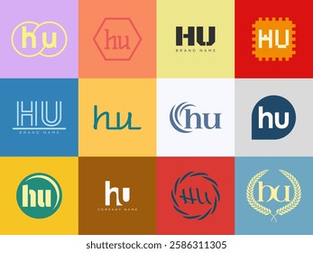 HU logo company template. Letter h and u logotype. Set different classic serif lettering and modern bold text with design elements. Initial font typography. Collection trendy business identity.