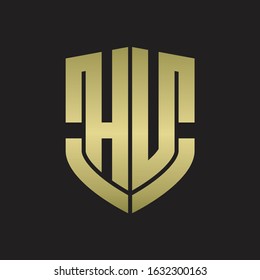 HU Logo monogram with emblem shield shape design isolated gold colors on black background